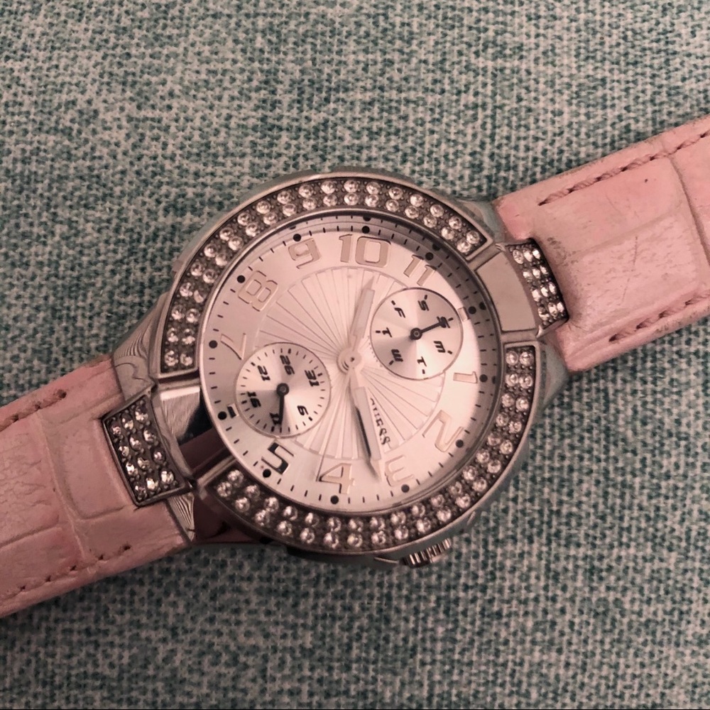 Guess Pink Rhinestone Genuine Leather Watch